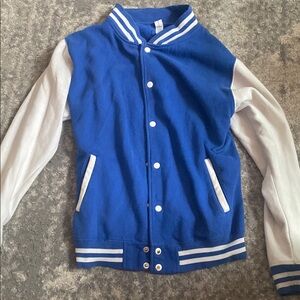 Blue and White Varsity Jacket with Ribbed Collar